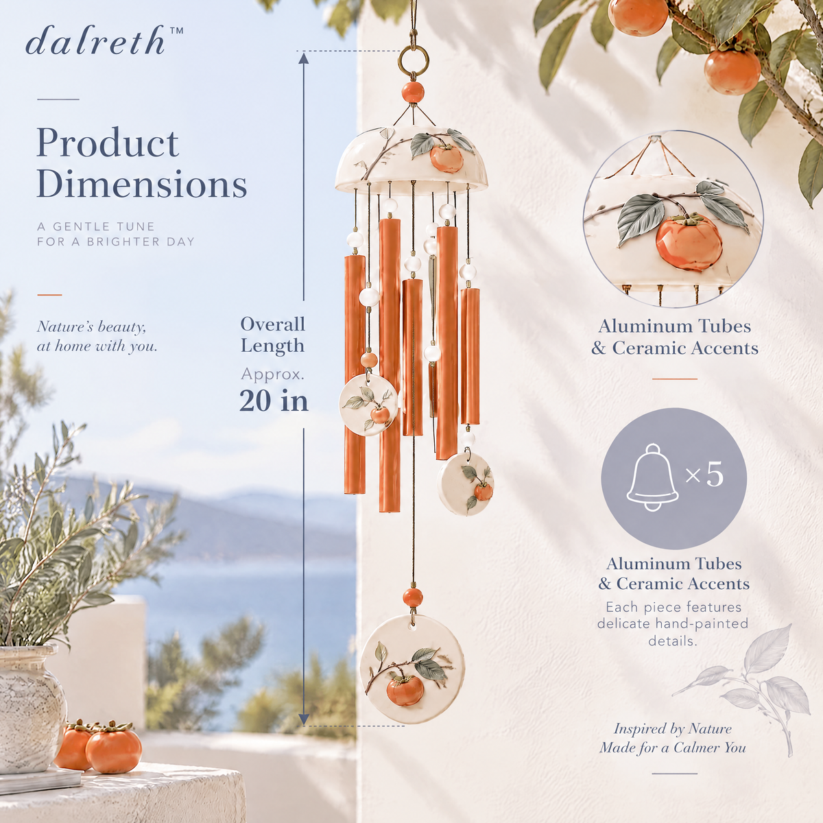 𝒅𝒂𝒍𝒓𝒆𝒕𝒉™ Persimmon Coral Ceramic and Aluminum Wind Chime